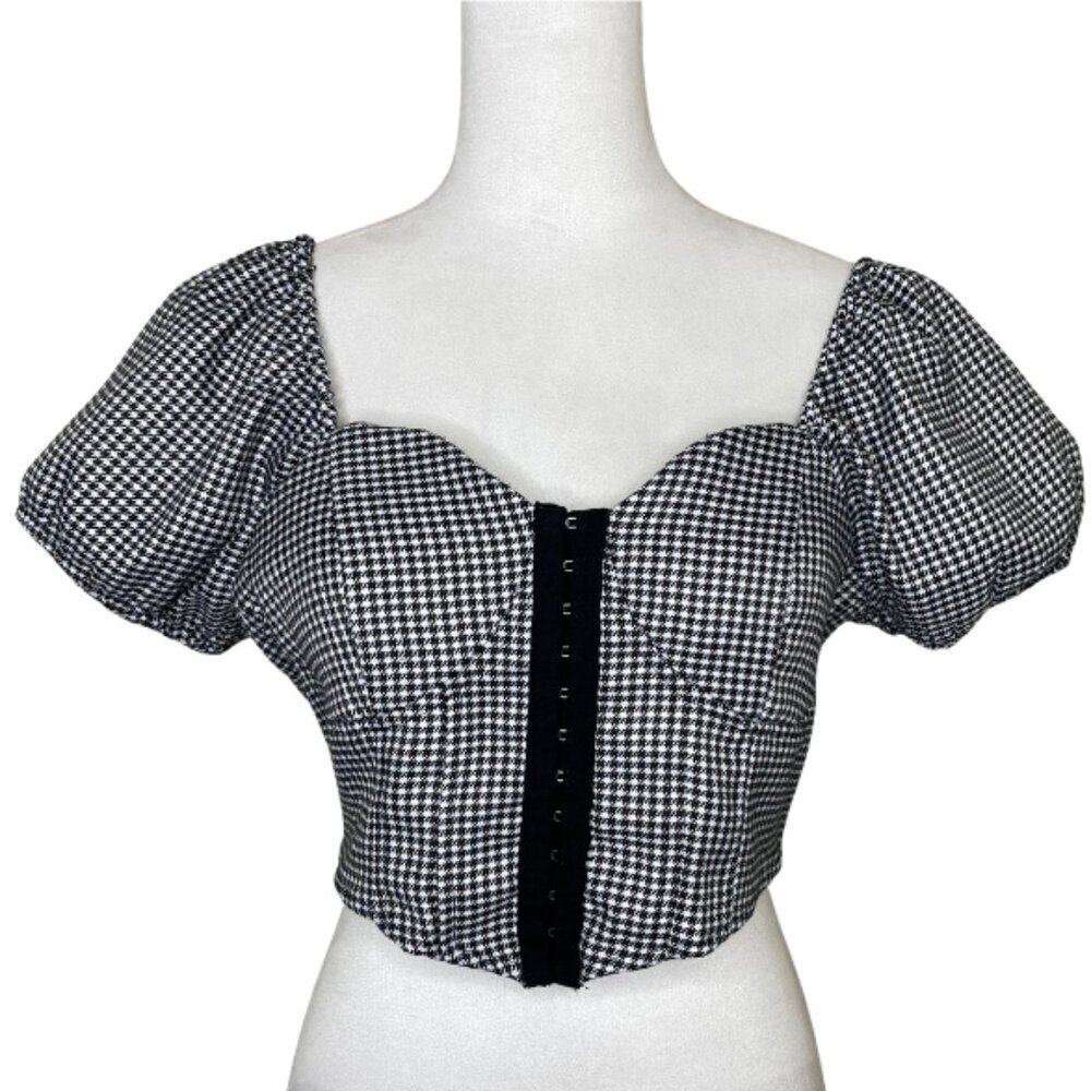 OLM Women's Gingham Off Shoulder Crop Top Milkmaid Houndstooth  Bustier Sz Large